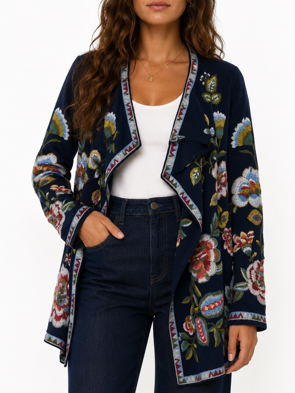 Johnny Was BIYA Draped Sweater Gillian Embroidered Floral Navy Cardigan NEW Med